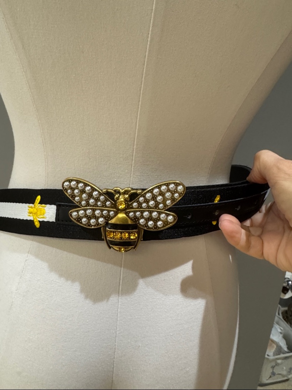 Gold Bee Buckle Black Belt with Pearl Accent